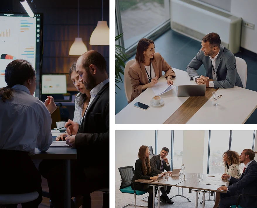 Equipo de abogados en reunión trabajando con herramientas digitales de gestión